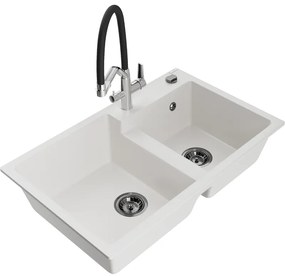 Mexen Tomas гранитна мивка с 2 камери и кухненски кран Duo, бяла - 6516-20-671701-07-B
