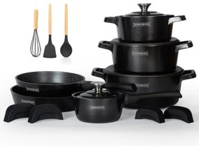 Комплект тенджери и тигани Royalty Line Premium RL-OS1014M, 17 ч, Отливка, Greblon мраморно покритие, Индукция, Черен