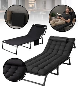 Черно туристическо легло, къмпинг шезлонг 180 см с възглавница и облегалка за глава