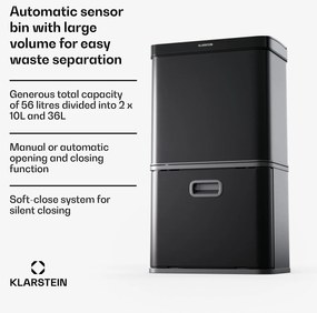 Klarstein Touchless, сензорен кош за отпадъци, 56 л, неръждаема стомана, плавно затваряне, захранване с батерии, LED дисплей, таймер
