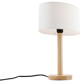 Настолна лампа дърво с овален ленен абажур бял 25 см - Mels