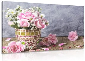 Картина на платно – Цветя на карамфил в мозайка саксия