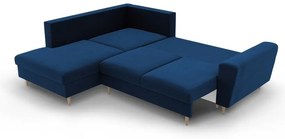 Син кадифен разтегателен ъглов диван с място за съхранение (ляв ъгъл/L форма) Kyoto – Cosmopolitan Design