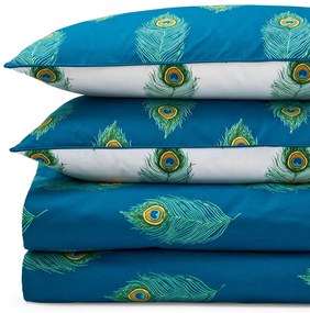 Бяло-тюркоазено двойно удължено памучно спално бельо 230x220 cm Peacock Feather – Their Nibs