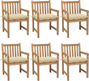 3073048 vidaXL Градински столове, 6 бр, с кремавобели възглавници, тик масив