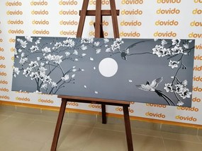 Картина на платно – Черно-бели птички на клон на дърво