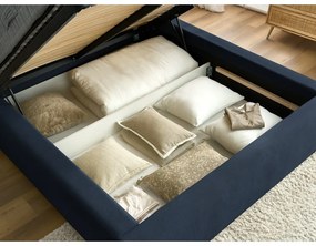 Тъмносиньо тапицирано двойно легло с място за съхранение с решетка 160x200 cm Jagna - Bobochic Paris