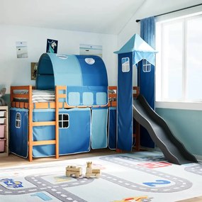 3309153 vidaXL Детско високо легло с кула, синьо, 80x200 см, бор масив