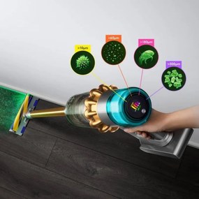 Вертикална прахосмукачка Dyson V15 Detect Аbsolute 447000-01, 660W, 0.76 л, 60 мин автономия, Сензори, 3 режима, LCD, Сив/златист