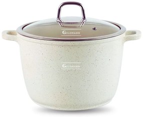 Дълбока тенджера Goldmann GM-0624B, 24 см, 6.2 л, Мраморно покритие, Стъклен капак с отвор за пара, Индукция, Бежов