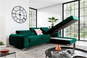 Зелен кадифен разтегателен ъглов диван с място за съхранение (десен ъгъл) Grayson – ELTAP