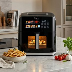 Фритюрник с горещ въздух Oliver Voltz OV51980CF, 1800W, 8 л, 80-200°C, 12 програми, Таймер, Горен и долен нагревател, Прозорец, LED, Черен
