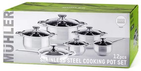Комплект съдове за готвене Muhler MR-1242, 12 части, Неръждаема стомана, Трислойно дъно, Индукция, Сребрист