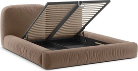 Светлокафяво двойно легло 200x200 cm тапицирано с място за съхранение с включена подматрачна рамка Martina – Micadoni