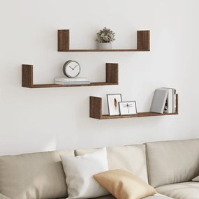853296 vidaXL Стенни рафтове, 3 бр, кафяв дъб, 80x18x18 см, инженерно дърво