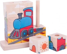 Bigjigs - Дървени кубчета за нанизване - Превозни средства