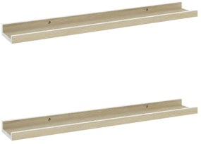 326690 vidaXL Стенни рафтове, 2 бр, бяло и сонома дъб, 60x9x3 см