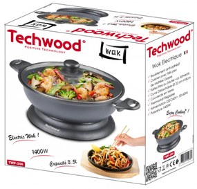 Електрически уок тиган Techwood TWF-306, 1400W, 3.6 л, 32х8 см, Стъклен капак, Термостат, Незалепващо покритие, Сив