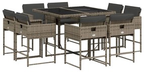 3211376 vidaXL Градински трапезен комплект 9 части с възглавници сив полиратан