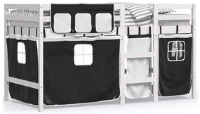 3283829 vidaXL Детско високо легло със завеси бяло и черно 90x190 см бор масив