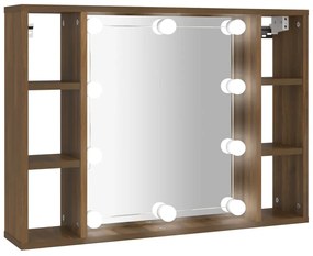 820447 vidaXL Огледален шкаф с LED, кафяв дъб, 76x15x55 см