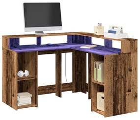 3309454 vidaXL Бюро с LED осветление старо дърво 130x130x91 см инженерно дърво