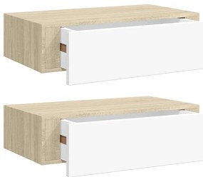 330250 vidaXL Стенни рафтове с чекмеджета 2 бр дъб и бял 40x23,5x10 см МДФ