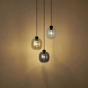 Висяща лампа черна с кехлибарено, димно и прозрачно стъкло 3 светлини - Елена