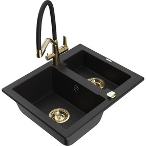 Mexen Carlos гранитна кухненска мивка с 1,5 камери и кухненски смесител Duo, черен - 6518-77-671701-57-G