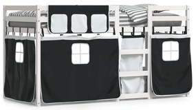 3283895 vidaXL Двуетажно легло със завеси, бяло и черно, 90x200 см, бор масив