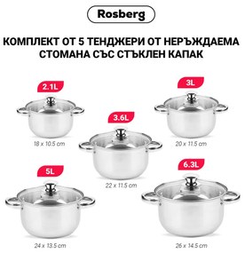 Комплект тенджери Rosberg R51210O10, 10 части, 2.1-6.3 l, Неръждаема стомана, Сребрист