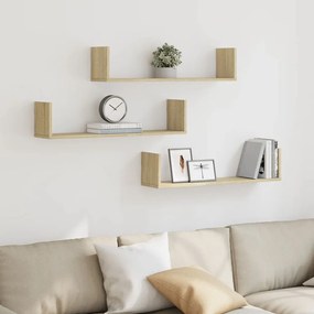 853292 vidaXL Стенни рафтове, 3 бр, дъб сонома, 80x18x18 см, инженерно дърво