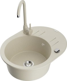 Mexen Kevin гранитна мивка с 1-камерен корито с изцеждач и кухненски смесител Telma, бежов - 6517-69-670200-69