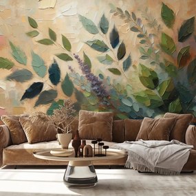 Самозалепващ тапет – Художествени зелени листа на бежов фон