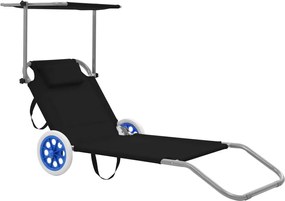 44323 vidaXL Сгъваем шезлонг с козирка и колелца, стомана, черен