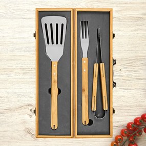 Комплект за барбекю в бамбукова кутия – щипка, вилица и шпатула