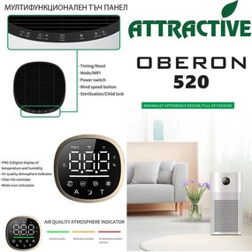 Пречиствател за въздух Attractive OBERON 520, 50W, За до 62 м2, Wi-Fi, 5 скорости, Таймер, Нощен режим, Дистанционно, Интелигентен сензор за замърсяване, Бял