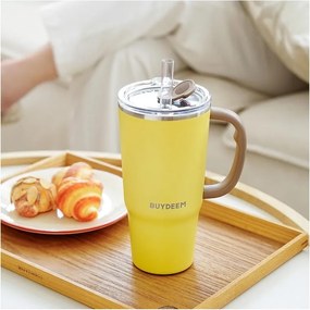 Термочаша с вградена сламка Buydeem DS57-MY, 700 мл, Топло&студено до 6 ч, Вакуумна изолация, Дръжка, Неръждаема стомана, BPA free, Жълт