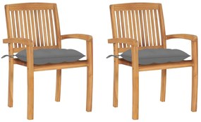 3063268 vidaXL Градински столове, 2 бр, сиви възглавници, тиково дърво масив