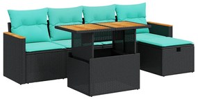 3328107 vidaXL Градински диван с възглавници, 6 части, черен полиратан, акация