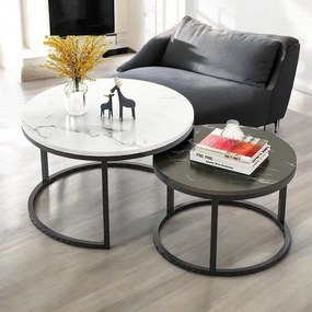 Комплект от 2 кръгли масички за кафе - бял и черен мрамор