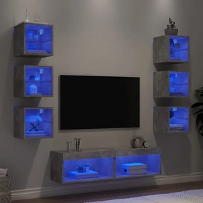 3216636 vidaXL ТВ стенни модули с LED, 8 части, бетонно сиви, инженерно дърво