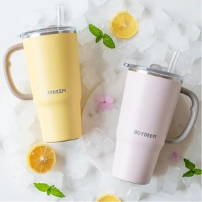 Термочаша с вградена сламка Buydeem DS57-MY, 700 мл, Топло&студено до 6 ч, Вакуумна изолация, Дръжка, Неръждаема стомана, BPA free, Жълт