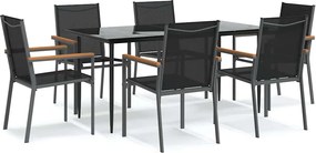 3187038 vidaXL Градински трапезен комплект 7 части черен текстилен и стомана