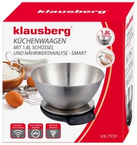 Кухненска везна с купа Klausberg KB 7939, 5 Kg, Bluetooth, Мобилно приложение, LED, ТАРА, Течности, 4 хранителни стойности, Инокс