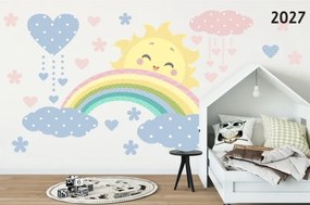 Красив стикер за стена в пастелни цветове Слънце, дъга и облаци 150 x 300 cm