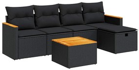 3325905 vidaXL Градински диван с възглавници, 6 части, черен, полиратан