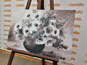 Картина на платно – Маслена живопис на летни цветя в черно-бяло изпълнение