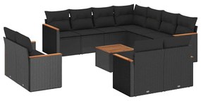 3226503 vidaXL Градински диван с възглавници, 12 части, черен, полиратан
