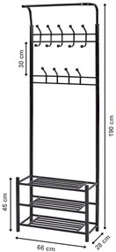 Черен стелаж за дрехи с рафтове за обувки